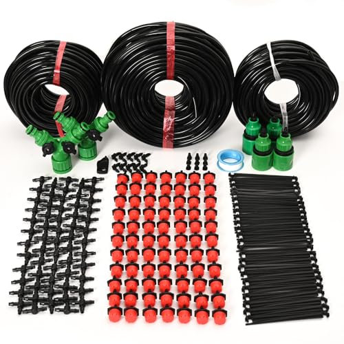 Kit de riego por goteo de 196 pies, tubería de 1/4 de pulgada, equipo de riego automático por microgoteo para invernaderos, granjas, césped, plantas en macetas, emisores, accesorios de púas