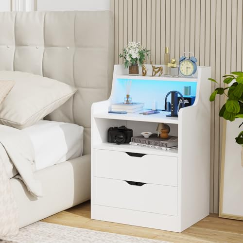 PIPIPOXER Nachttisch mit Steckdose, Nachttisch Weiß mit LED-Beleuchtung, Nachtschrank mit 2 Schublade und 2 Offenem Fach, Beistelltisch Nachtschrank für Schlafzimmer, Modern, 45x35x72.5cm