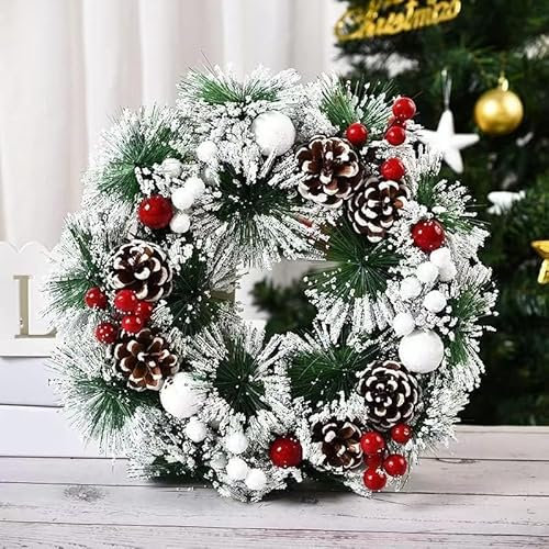 Corona de Navidad con cono de pino natural y bayas, decoración de Navidad, corona de abeto, decoración de Navidad para puerta delantera, guirnalda colgante de puerta, ventana y pared