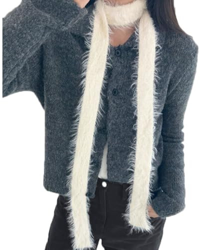 Damen Schal Lange Schmal Halstuch Dünn Gestrickt Schal Gestreifter Flauschig Langer Pelziger Taillenband Zotteliger Krawatte Haarband Beige Winterschal Y2k für Lässig Reisen Fotografieren 185CM