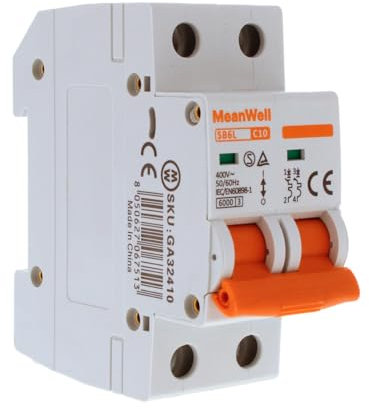 MeanWell Interruttore Magnetotermico Curva C 6000A, MCB 2P C10 10A 220V, 2 Poli Occupa 2 Moduli Barra DIN