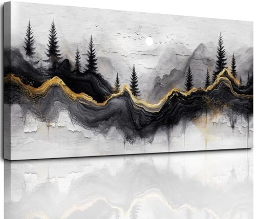 MHARTK66 Schwarz Gold Abstrakt Wald Leinwand Bilder, 50x100 cm Groß Wandbilder Wohnzimmer Landschaft Bild Aesthetic, Modern Wanddeko Kunstdruck Schlafzimmer Esszimmer Büro Küche Badezimmer