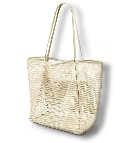 dellyy Borsa Mare Donna Grande, Tasca Interna con Cerniera, 35*17*37cm Pieghevole Borsa da Spiaggia In Rete, Borsa Mare Grande Xxl Famiglia, per Vacanze, Picnic Spiaggia e l'Uso Quotidiano (Beige)