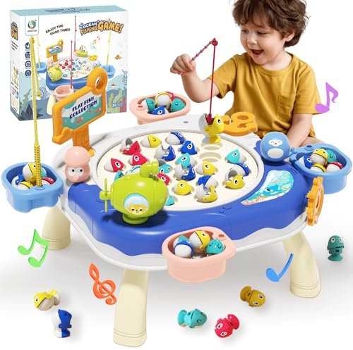 Jiakora Angelspiel Spielzeug mit Musik, Elektrisches Drehung Magnetisches Angelspiel für 1~4 Spieler, 24 Fische und 8 Angelruten, Kinder Lernspielzeug Geschenke für 3+ Jahre Jungen und Mädchen