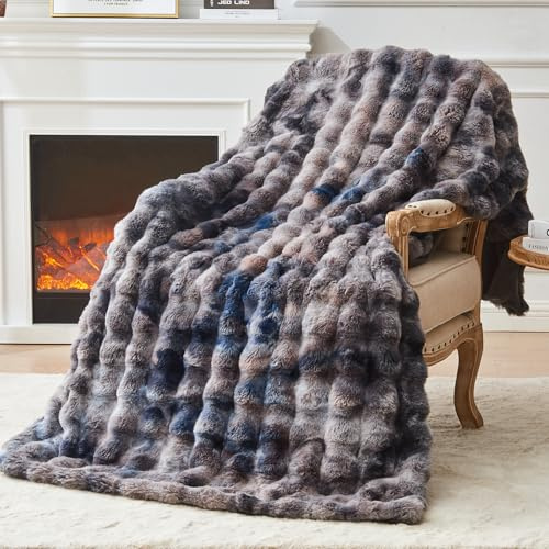 EMME Faux Rabbit Fur Throw for Sofa,Plush Soft Fluffy Blanket 150 x 200 | Soft Thick Reversible Bubble Fleece Blanket Warm Cozy Elegant Couch Gift