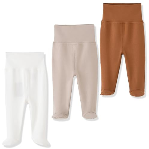 BINIDUCKLING Newborn Baby Boys Girls Trousers with Feet - High Waist Footed Pants 0-12 Months, Pack of 3