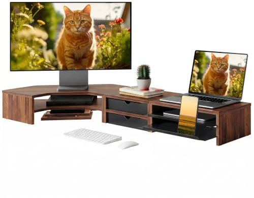 Fenge Monitor Stand, 3 in 1 Modular, L-shaped Corner, Monitor Riser, Brown | Rearrangeable 3-Piece Kit, Dual-Device, 2 Drawer Types, Cable Mgmt, Non-slip Pads, For Laptop PC TV Computer Desk Office Home