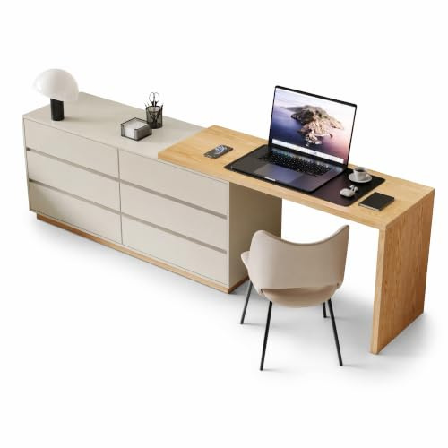 Scandi-Style L-Shaped Dressing Table, 6-Drawer Vanity Desk, White | Scandi-style L-shaped 6-drawer vanity table; rotating desktop adapts to any corner for a tailor-made bedroom layout.