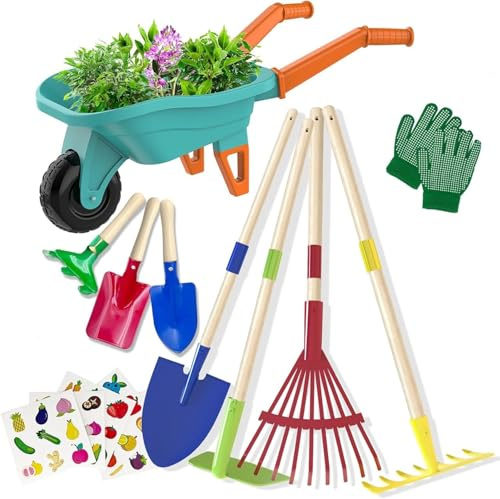 LATERN Juego de Herramientas de Jardinería para Niños, 70CM Carretilla con 70CM Metálica Pala Rastrillo Azada Hojas Rastrillo 20CM Pala Rastrillo Guantes para Exteriores Jardín Patio Césped Excavación