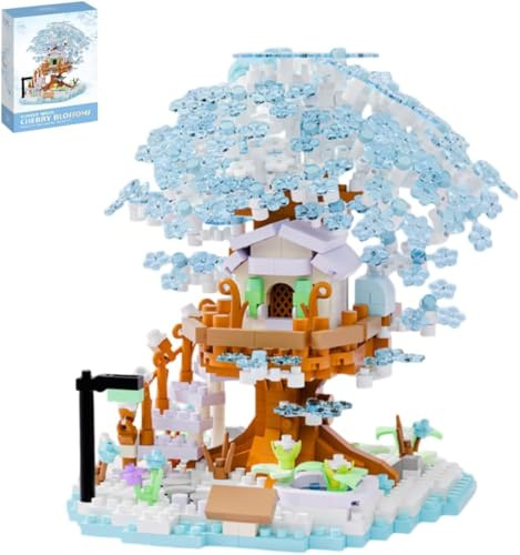 SANFUNET Cherry Blossom Tree House Building Blocks Set, 690 PCS Romantic Pink Sakura Micro Building Blocks, Not Compatible with Major Brands (bule)