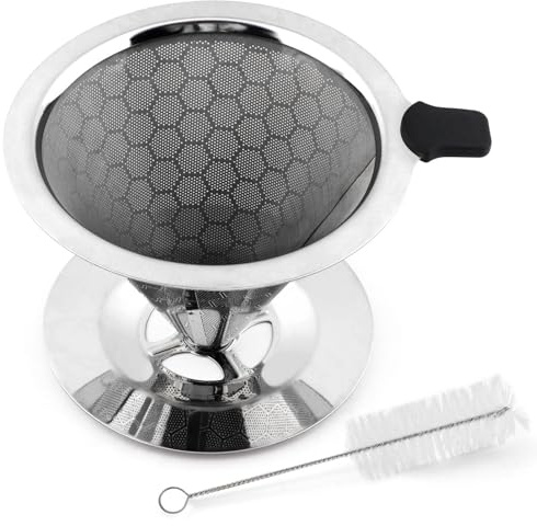 Pour Over Coffee Dripper, Stainless Steel Reusable Drip Coffee Filter with Cleaning Brush, Easy Clean Double Mesh Filter, Permanent Paperless Filters with Base for Coffees Maker