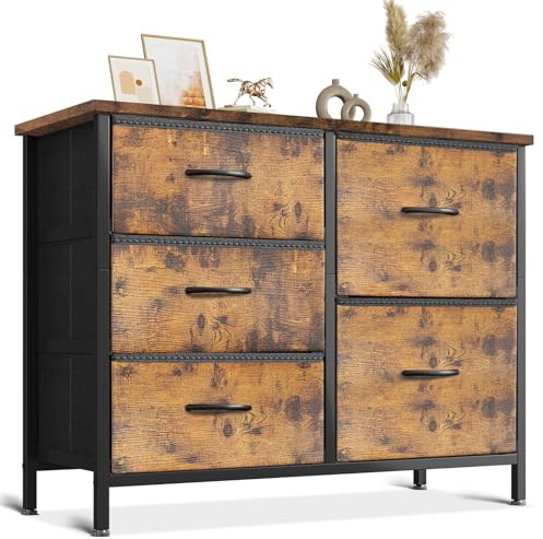 Coleshome Vintage Kommode mit 5 Stoffschubladen | Kommode Schlafzimmer, Holzplatte Robustem Stahlrahmen, Kommode Wohnzimmer, 76 x 29 x 60cm