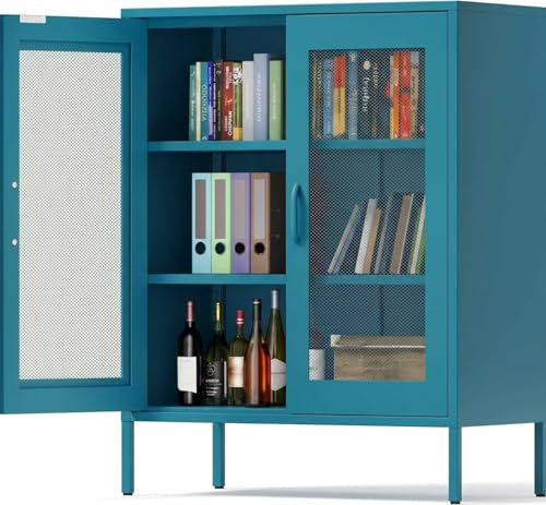 Metall Kommode 80 cm Breit, Aufbewahrungsschrank Sideboard mit 2 Mesh-Türen, Metallschrank in Blau, Mehrzweckschrank mit flexiblen Einlegeböden, Aktenschrank & Büroschrank für zu Hause und Büro