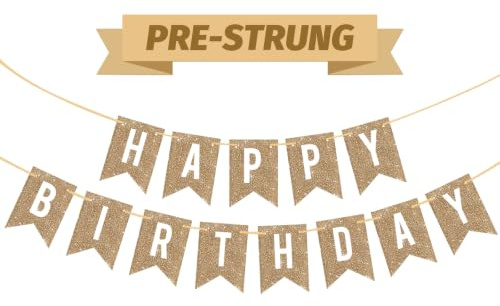 Pre-Strung Champagne Gold Glitter Happy Birthday Banner Decorations, Reusable Happy Birthday Bunting Sign for Backdrop, No Assembly Required Hanging Garland for Women Men Girls Boys Party Decorations