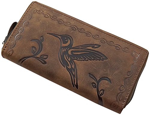 myledershop Große Büffel-Vollleder Damen Geldbörse/Geldbeutel/Portemonnaie/Geldtasche mit Colibri-Motiv oder ohne Motiv mit RFID & NFC Schutz (Mit Colibri-Motiv/Cognac)