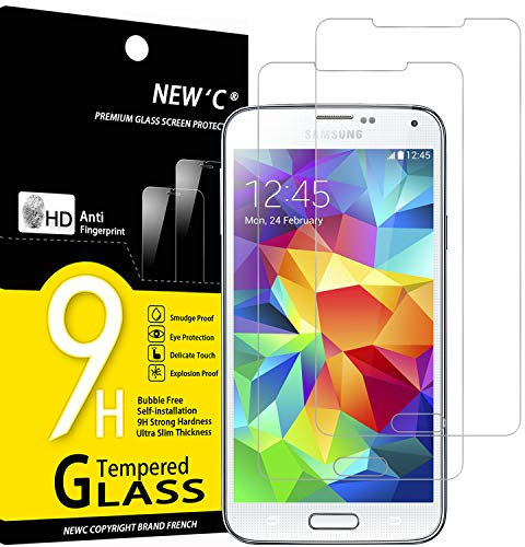 NEW'C Lot de 2, Verre Trempé pour Samsung Galaxy S5 Film Protection écran sans Bulles d'air Ultra Résistant (0,33mm HD Ultra Transparent) Dureté 9H Glass