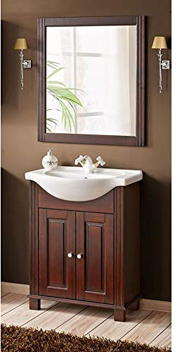 Lomadox Badmöbel Waschtisch Set mit 65 cm Keramik-Waschbecken, im Landhausstil, Pinie Massivholz braun, B/H/T ca. 74/180/44cm