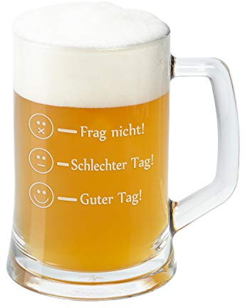 Glas – Frag nicht! (Bierkrug) – Glas von Leonardo als Bierkrug, Weizenbierglas oder Whiskyglas mit Befüllungs-Markierungen graviert – Markenglas mit Smiley Gravur je nach Stimmung
