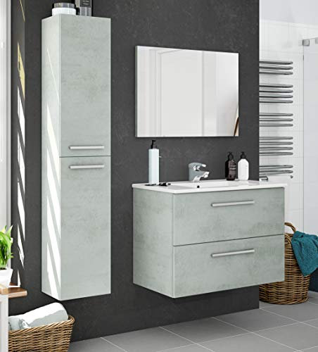 Miroytengo Pack de Muebles de Baño Aruba Estilo Indsutrial en Color Cemento con Mueble de Baño, Columna, Espejo y Lavamanos Cerámico