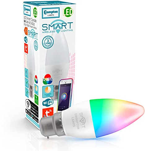 Crompton Lamps LED Smart WiFi Candle 5W BC-B22d Dimmable (40W Equivalent) 3000K Warm White + RGB Opal 470lm BC Bayonet B22 TUYA Colour Changing Thermal Plastic Google Home Light Bulb