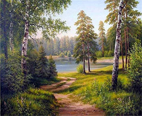 YEESAM ART DIY Ölgemälde Malen nach Zahlen Erwachsene Kinder, Holz Wald Grüner Baum See Zahlenmalerei ab 5 Öl Wandkunst (Wald, ohne Rahmen)