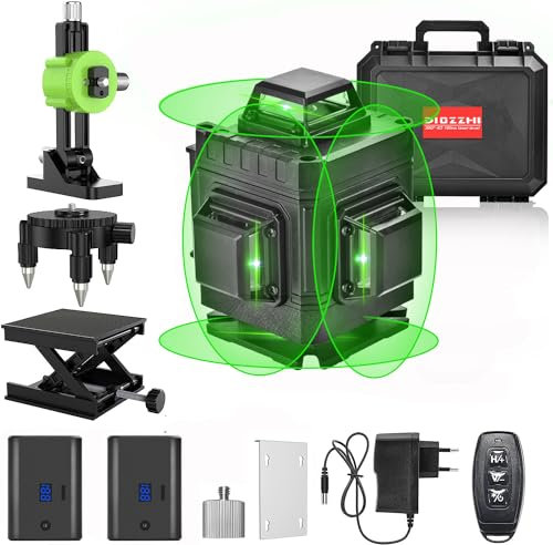 4x360° Kreuzlinienlaser,16 Linien Selbstnivellierender Grüner Linienlaser Laserwerkzeug,4D Vertikale/Horizontale Linien,Fernbedienung - Wandhalterung - Hartschalenkoffer - 2 * 5600mAh Batterie