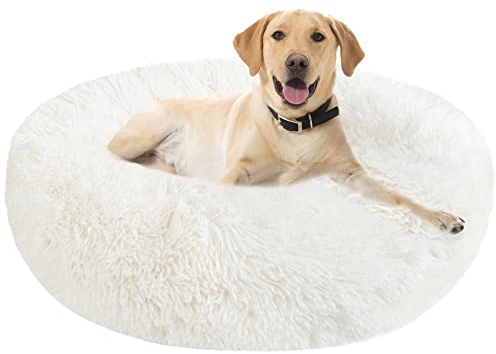 Hundebett Katzenbett Flauschig Rund aus Plüsch - Donut Kuscheliges Hundekissen Hundekorb Waschbar S/M/L/XL/XXL für Kleine, Mittelgroße und Große Hunde, Katzen und Andere Haustiere (XXL-80cm, Weiß)
