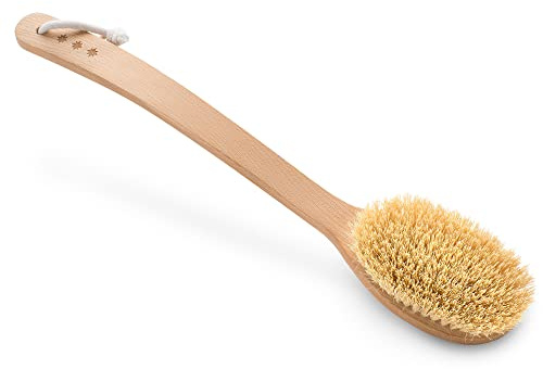 HHUUMM - Lange Doppelt Gebogen Massagebürste mit Stiel - Weiche Borsten, Handmade aus Buchenholz - mit Handschlaufe aus Baumwolle - Trockenbürste Körper - Tampico-Faser - Body Dry Brush - 11x45x6 cm