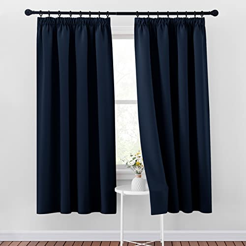 PONY DANCE Tende Oscuranti per Interni Corte 2 Pezzi Tenda Termica Isolante con Fettuccia Casa Finestre Curtains Decorazione Cameretta Bimba 140x175 CM, Blu Scuro