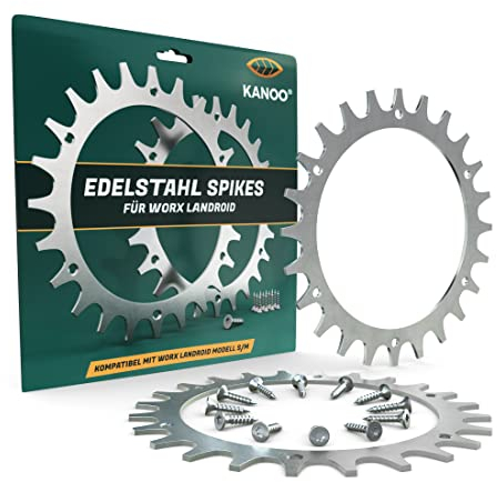 kanoo® Mähroboter Spikes Edelstahl für Worx Modell S/M - inkl. Schrauben - Landroid Zubehör zur Tranktionsverbesserung des Rasenroboters - Räder Größe 205mm