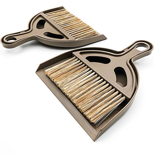 Lot de 2 mini balais et pelle à poussière et balayette, pour maison/camping/animaux domestiques/dortoir (marron)