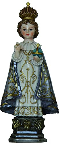 ÖLBAUM Prager Jesuskind Statue, HISTORISCH GLÄNZEND GLASIERT in blaugrau-altweissem festlichem Mantel, 12,6 cm große Figur, Heiligenfiguren HANDBEMALT, das Prager Jesulein spendet Glück und Trost