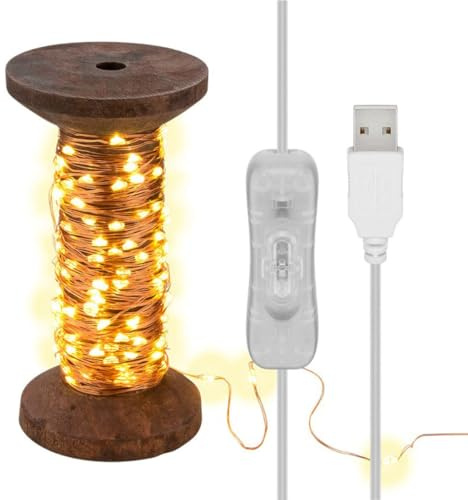 LED Lichterkette Garnspule, Dekorationslampe, Echtholz, Groß, Warmweiß, Braun