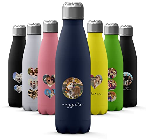 Tirita Custom Photo Personalised Water Bottle - Thermal Travel Flask - Insulated Stainless Steel Bottle - Gym, Office, School Drink - 500ml [11- Photo Circle with Name on Blue]