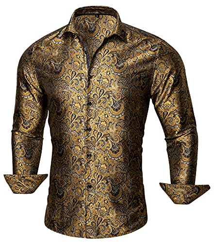 Barry.Wang Herren Paisley Bequemer Schnitt für große und große Männer Hemd Seide Business Hochzeit Freizeithemd für Männer Gold S-3XL
