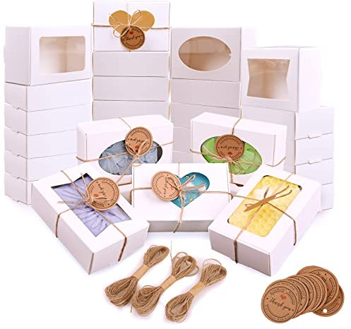 Moukiween 32 Pcs Soap Boxes for Homemade Soap,3.54 X 2.36 X 1.18 Inch Soap Boxes with Window,Kraft Soap Packaging Boxes Supplies(White)