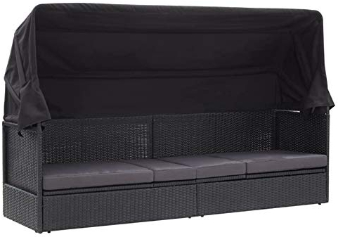 Homgoday Gartenbett mit Sonnendach Sonnenliege Gartenbank Liege Gartenliege Sofabett Gartenmöbel Gartensofa Lounge Poly Rattan Schwarz