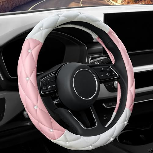 YOGURTCK Cute Diamond Soft Leather Steering Wheel Cover with Bling Bling Crystal Rhinestones, Universal 15 Inch for Women Girls, Fit Vehicles, Sedans, SUVs, Vans, Trucks - Light Pink and White