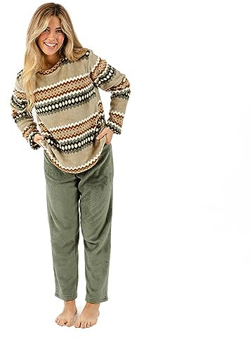 TRAMAS+ Pijama Coral Mujer para Invierno Suave y Calentito, Conjunto de Pijama Súper Cómodo para Dormir y Estar en Casa - (M, Vaduz Verde Caceria)