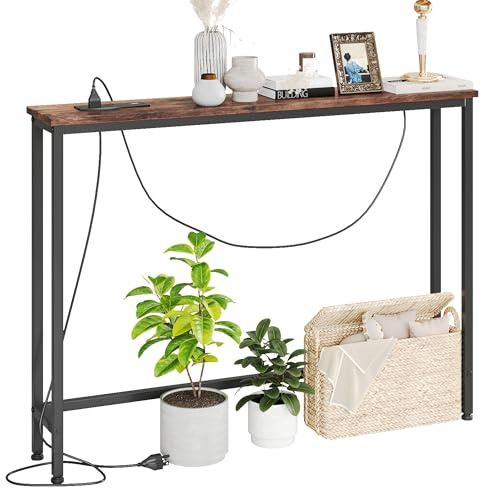 VERMESS Console Table with Power Outlets, Sofa Table for Entryway, 39 inch Long Behind Couch Table with Metal Frame and 6.5’ Extension Cord for Hallway, Foyer, Living Room, Rustic Brown