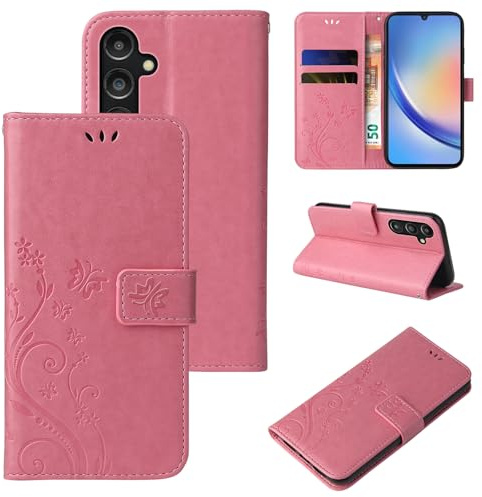 LBH Handy Hülle für Samsung Galaxy A15 / A15 5G Case Handytasche Schmetterling Blumen Flower Standfunktion Schutzhülle Magnet Rundum Schutz 360 Grad Flipcase Cover Rosegold