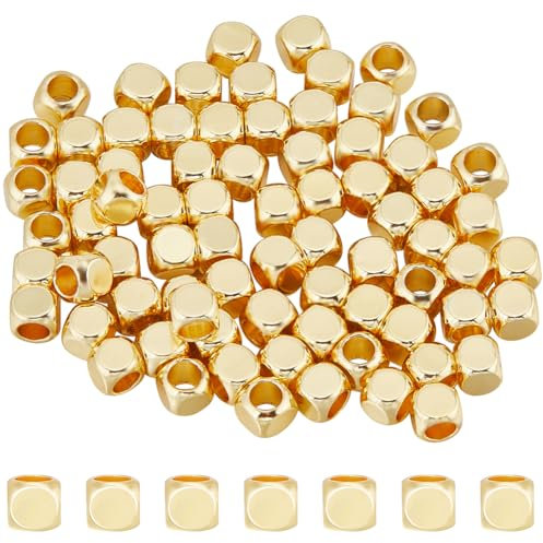 CREATCABIN 100 Stück Echte 18K Vergoldete Messingperlen,Würfel-Abstandsperlen,Quadratische,Glatte Perlen,Gold,Stapelbare Metall-Mini-Perlen,Eckenlose Perlen Für Sommer-Hawaii-Armband,Halskette,4mm