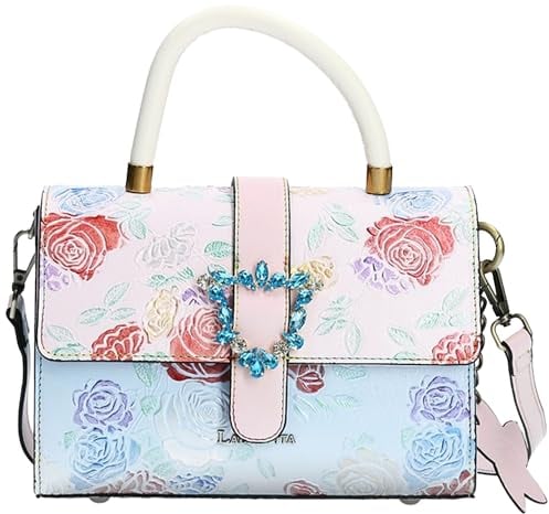 Laura Vita Damen Umhängetasche Strass Blumenmuster Überschlag Adelle 01, Farbe:Blau