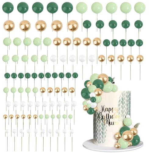 BETESSIN 103pcs Tortendeko Kugeln Cake Topper Kuchendeko Dschungel Deko Geburtstag Grün Gold Schaumkugel Torten Topper Kindergeburtstag Hochzeit Babyshower Tortenstecker Kuchenaufsatz 1,5cm-4cm
