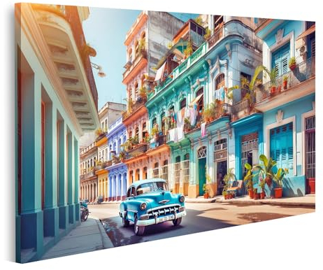 islandburner Prime Bild auf Leinwand Bunte Straße mit alten Gebäuden und einem blauen Oldtimer in tropischer Stadt wie Cuba Bilder Wandbilder Poster