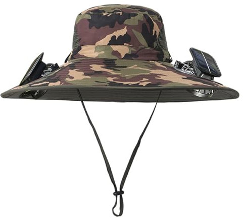 Men Women Wide Brim Sun Hats with 2 Solar Fan Waterproof Breathable Bucket Hat Outdoor Fishing Hat for Hiking Camping, Camo Green, One size