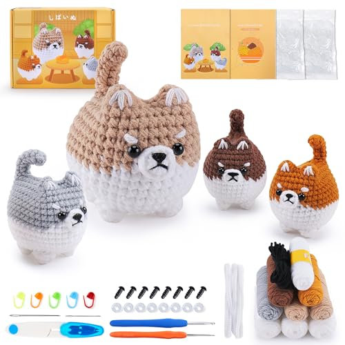 Crochet Kit for Beginners Animal Shiba Inu Crochet Kit for Adults Kids, Knitting Kits Complete Crochet Set with Step-by-Step Video Tutorials, 4pcs Corgi Dog Family Crochet Animal Kit Surprise Present