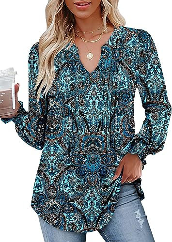 CHICZONE Women's Long Sleeve Tops V Neck Pleated Shirts Blouses Dressy Casual Tunic