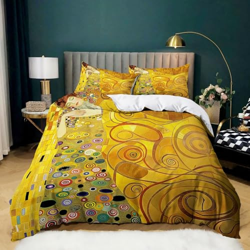Gold Bettwäsche 135x200 Ölgemälde Frau Klimt - 3 Teilig Bettbezug Set Mit Reißverschluss Und Kissenbezug 80x80 cm - Weiche Gemütliche Mikrofaser