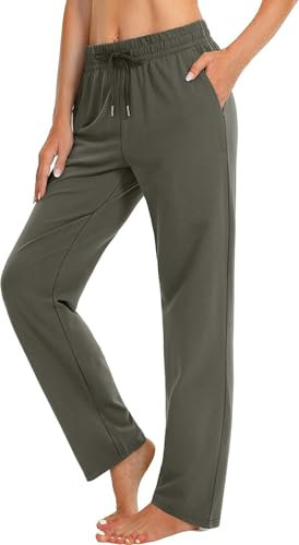 EUHOM Jogginghose Damen Sporthose Lang Baumwolle Yogahose Frauen Bequem Freizeithose Gerades Bein Trainingshose Sweatpants für Jogging Sport Yoga(Olivgrün, M)